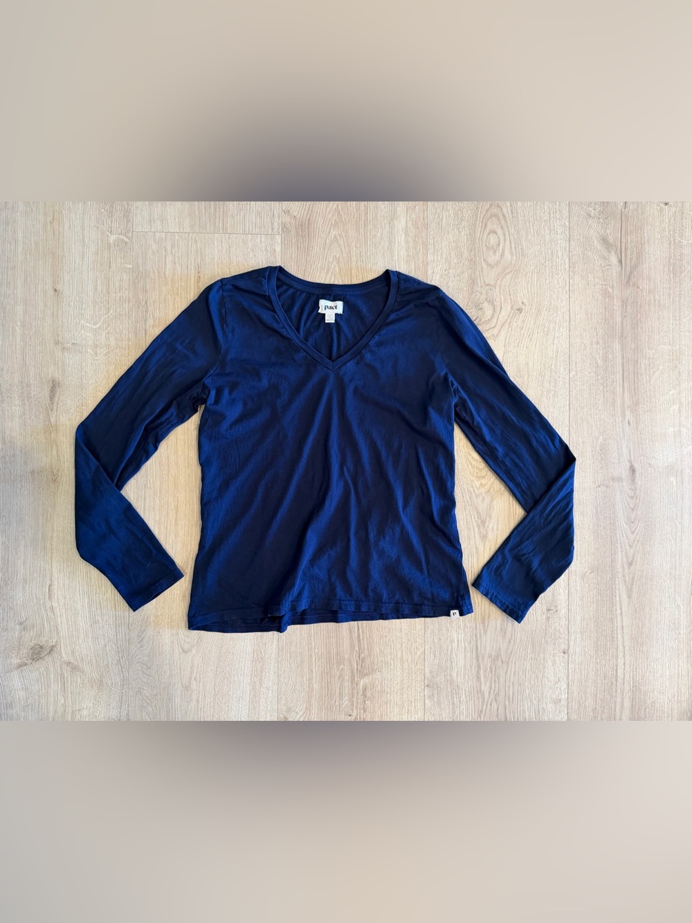 Pact Women’s Blue V-Neck Long Sleeve Basic T-Shirt 100% Organic Cotton Size L